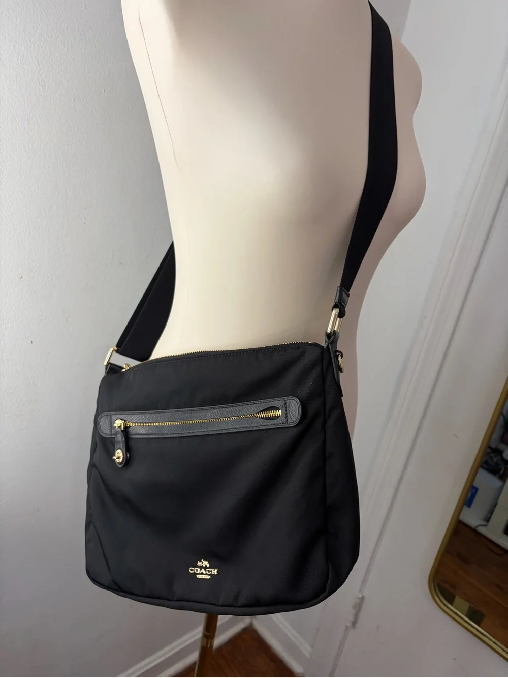 Y2K Coach Black Nylon Messenger Bag with Gold Accents and leather trim